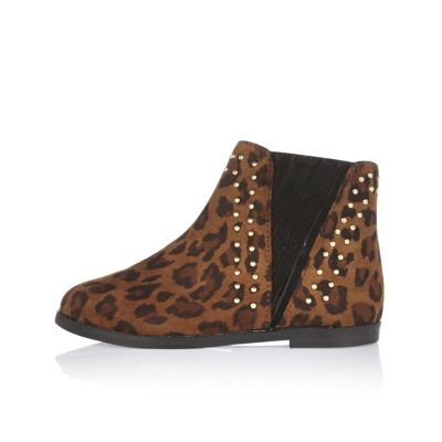Mini girls brown leopard print boots